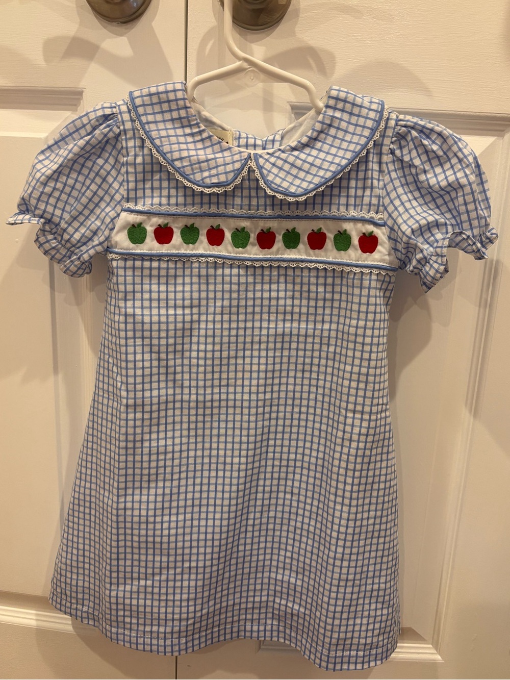 Oaks Apparel Girls Blue White Gingham Check Apple Back to School Dress